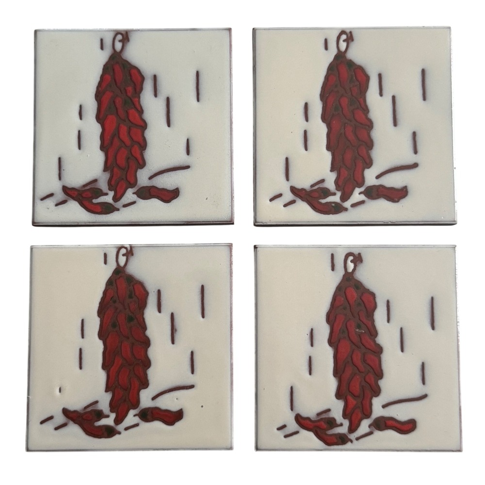 Vintage Italian Cottoveneto Red Chili Pepper Ceramic Tile Coaster Set of 4